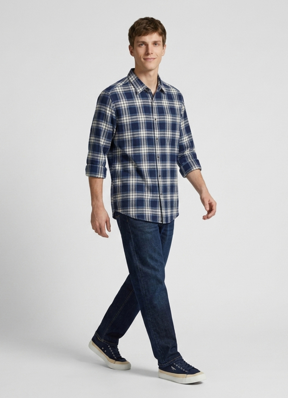 Men Blue Checked Herringbone Long Sleeve Shirt, , large image number 5