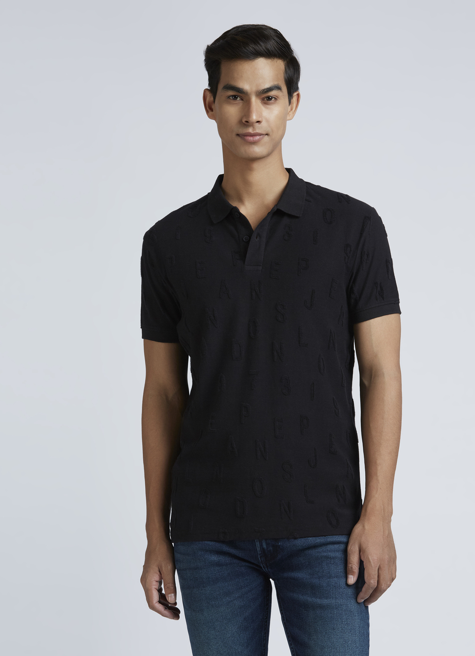 Black Typographic Print Short Sleeve Polo, , large image number 1