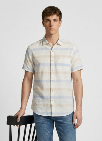 Men Blue Striped Short Sleeve Shirt