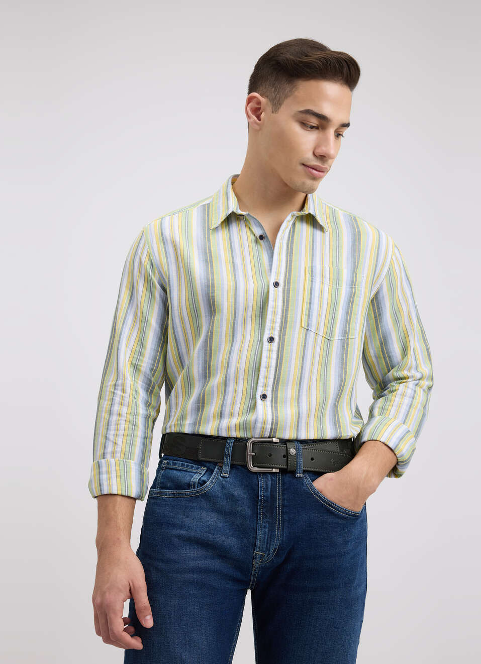 Men Green Stripe Full Sleeve Shirt, , large image number 5