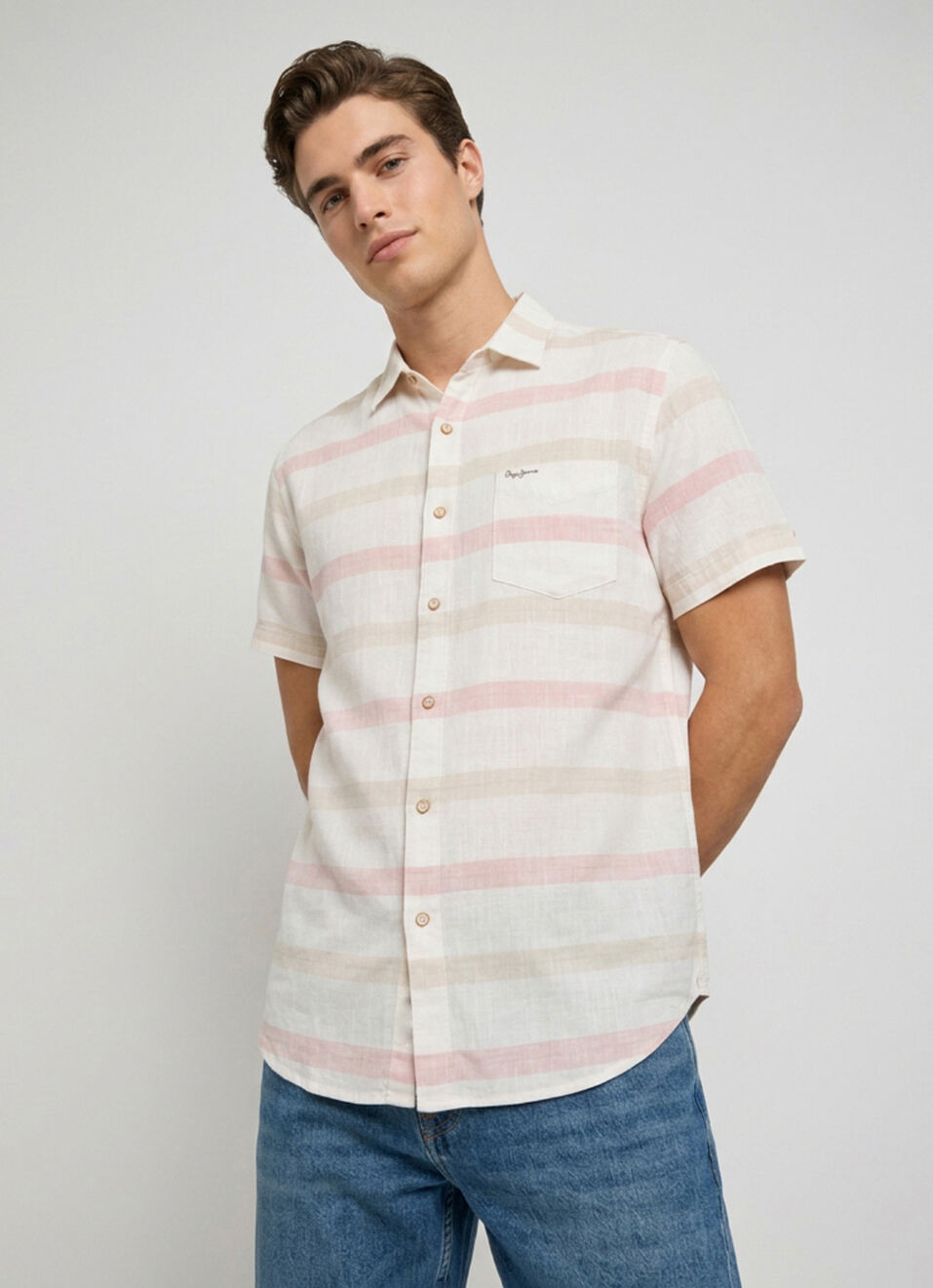 Men Peach Striped Short Sleeve Shirt, , large image number 1