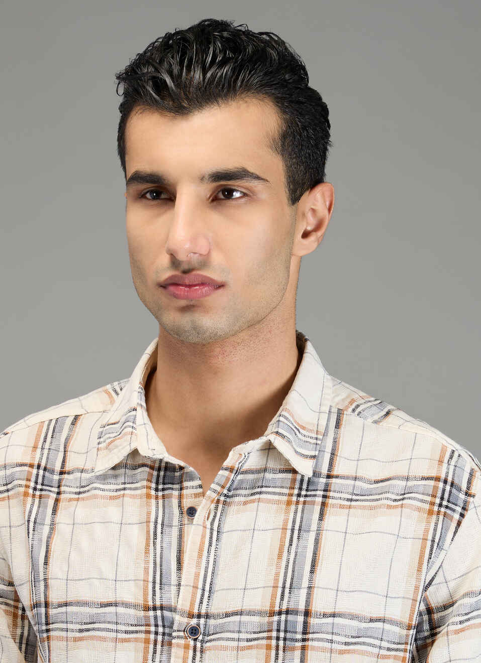Men Off White Checked Shirt, , large image number 4
