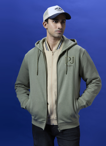 Green Embroidered Full Sleeve Zipper Sweatshirt