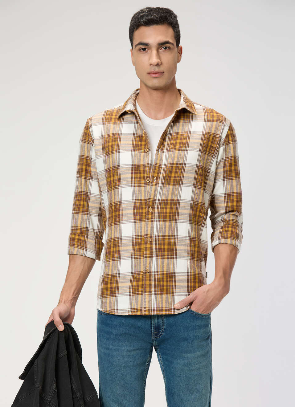 Men Brown Checked Shirt, , large image number 0