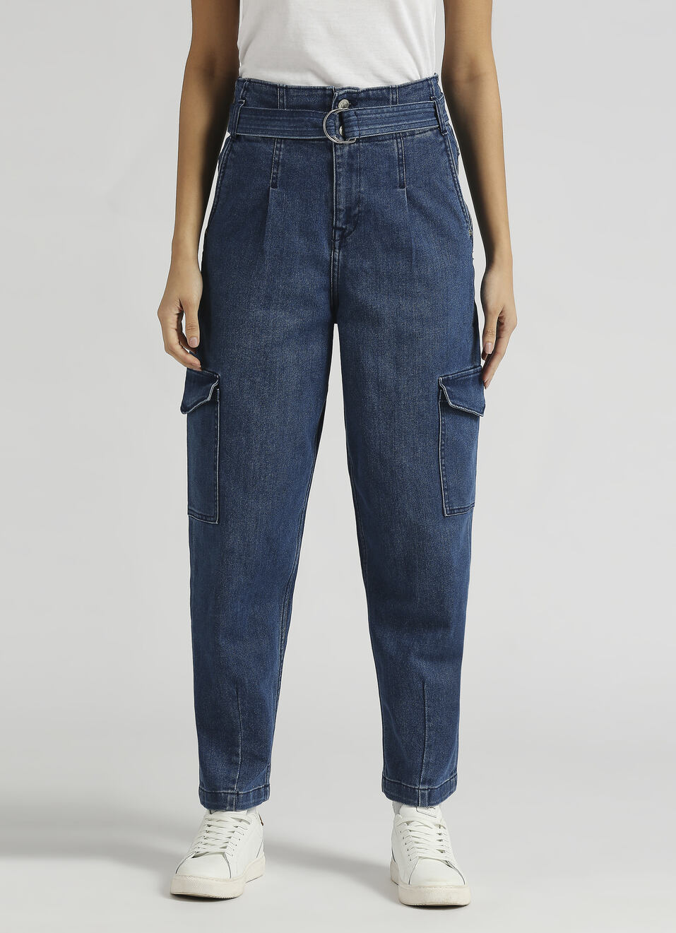 Blue High Waist Tapered Fit Utility Cargo Jeans, , large image number 1