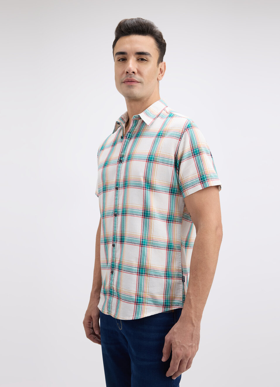 Men Green Check Short Sleeve Shirt, , large image number 3