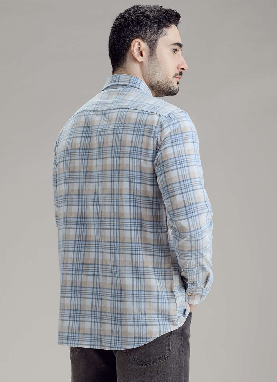 Men Blue Checked Corduroy Long Sleeve Shirt, , large image number 2