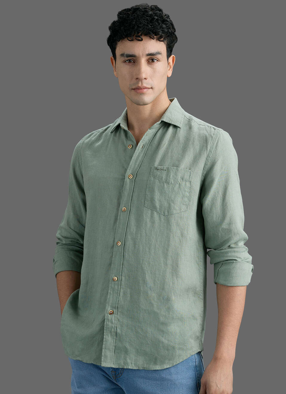 Men Light Green Solid Pure Linen Long Sleeve Shirt, , large image number 5
