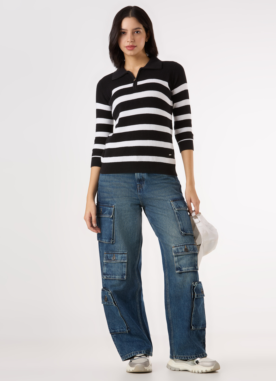 Women Black Horizontal Stripe Regular Polo Top With 3/4 Sleeve, , large image number 5