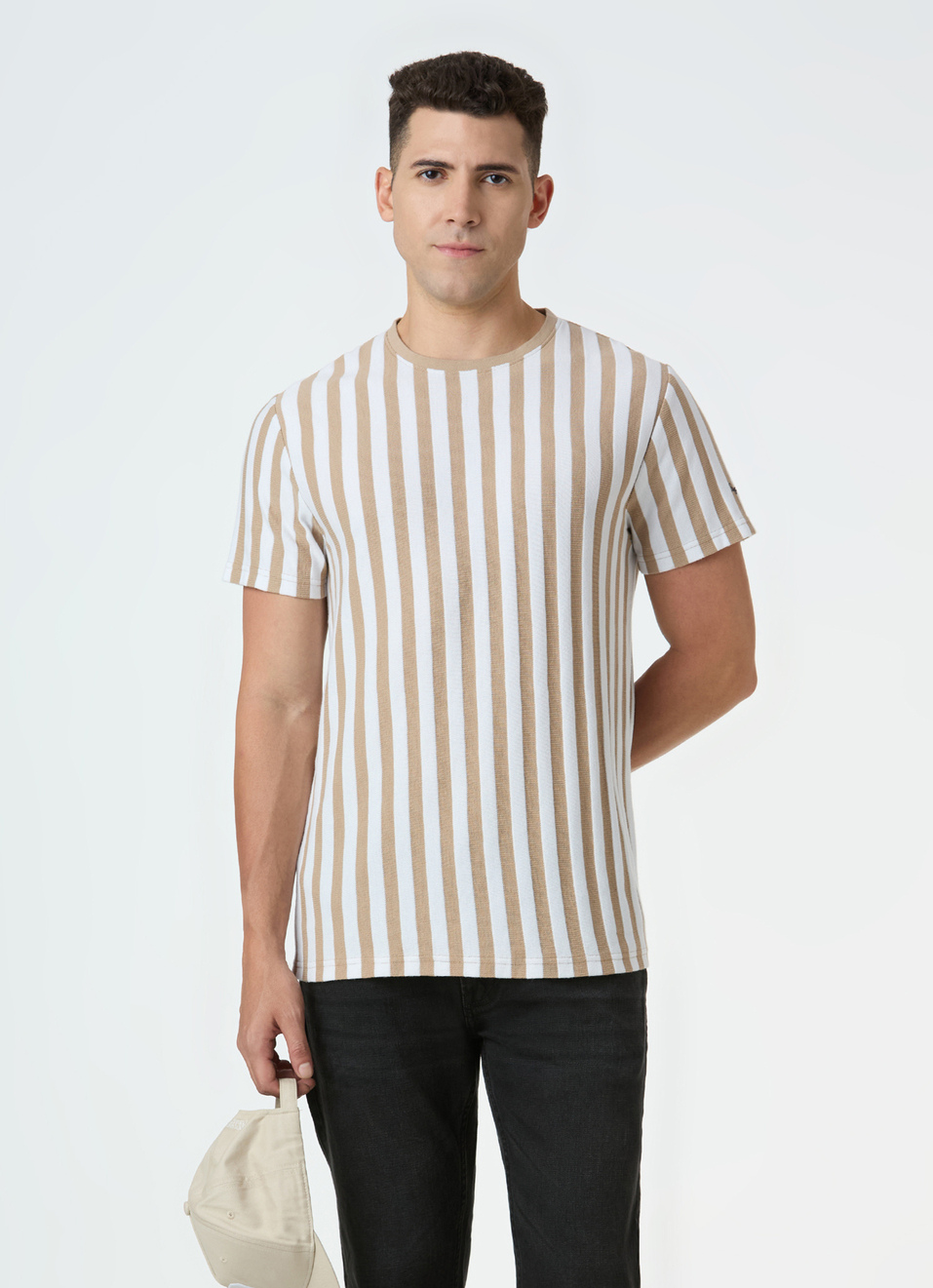Men Beige Striped Slim Fit T-shirt, , large image number 0