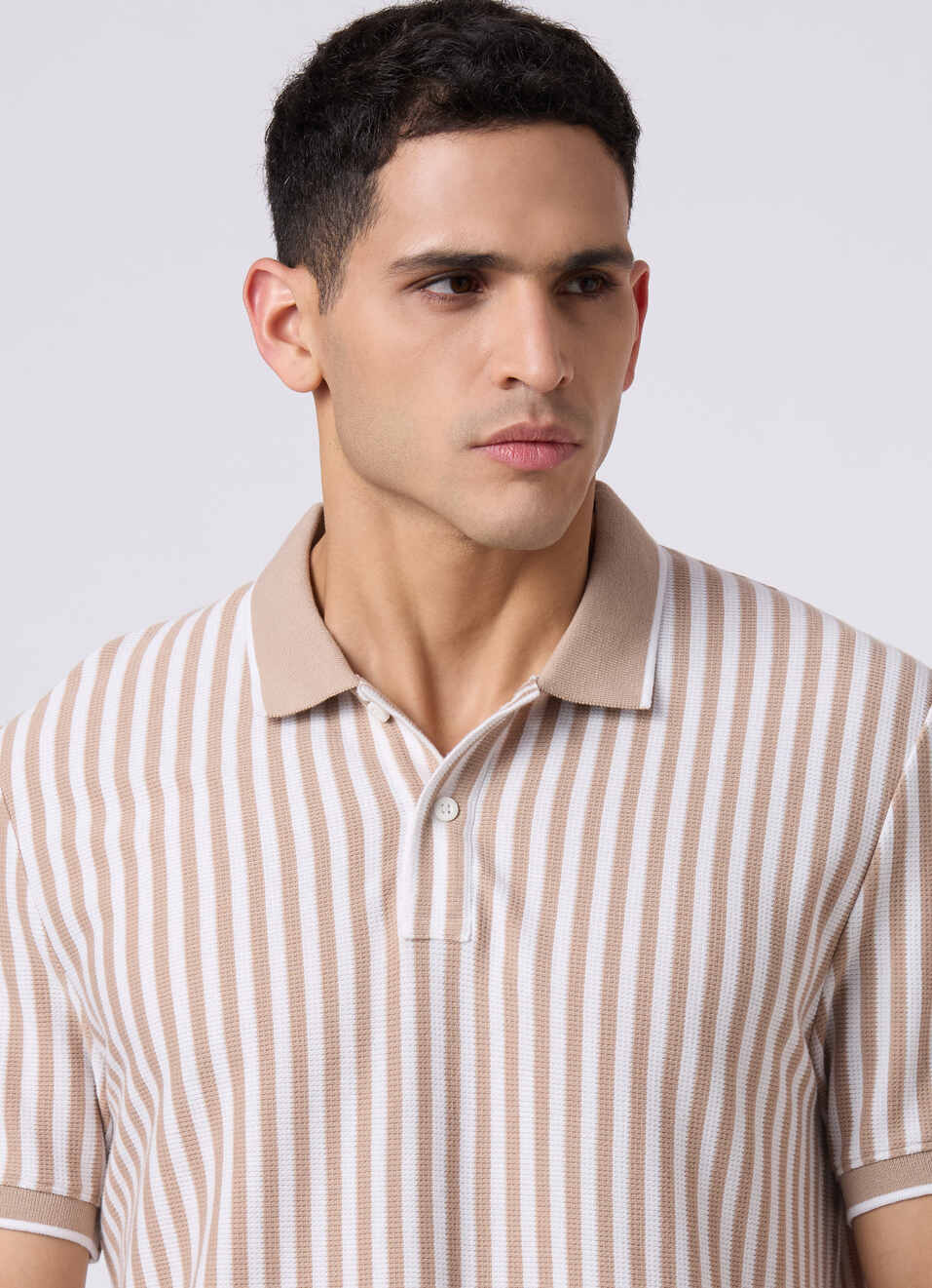 Men Beige Striped Polo Collar T-shirt, , large image number 4