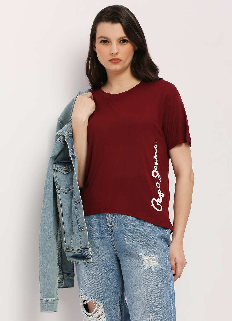 Burgundy Round Neck Short Slevee T-shirt, , large image number 5
