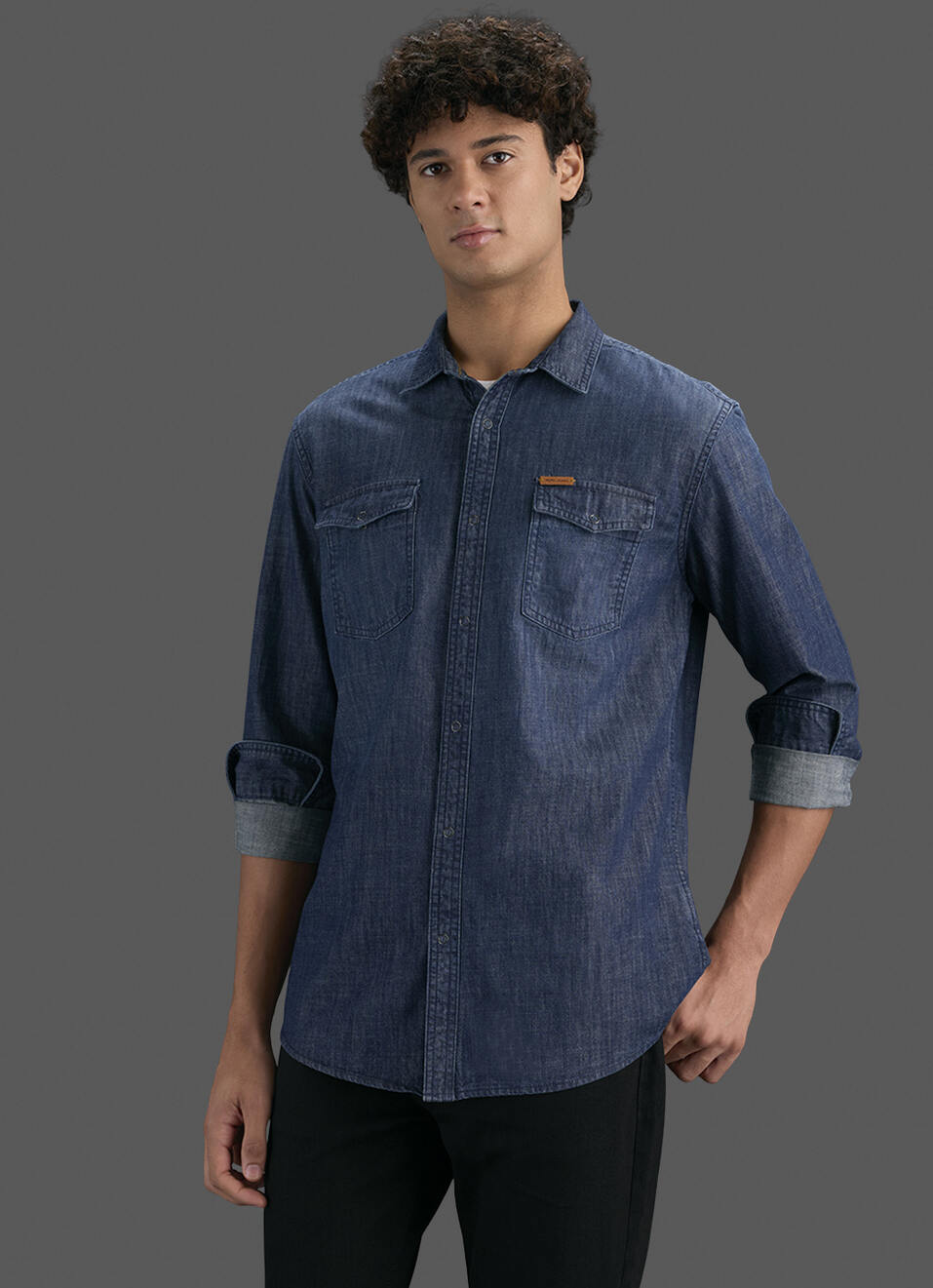 Men Dark Blue Long Sleeve Denim Shirt, , large image number 6