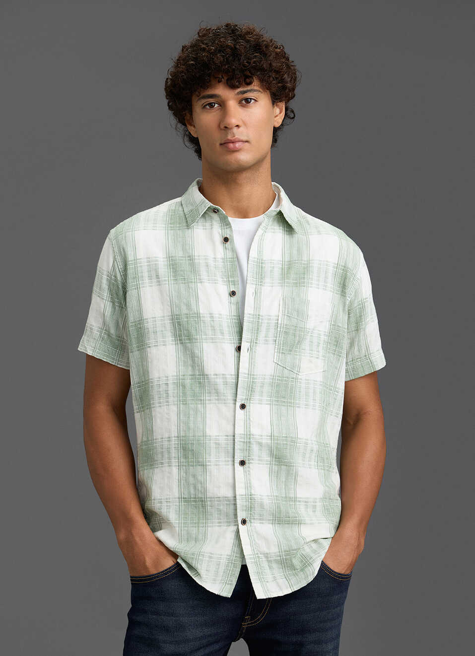 Men Olive Green Checked Regular Fit Short Sleeve Shirt, , large image number 5
