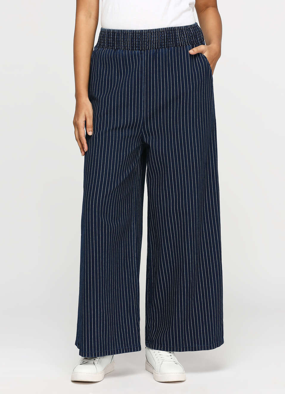 Dark Blue Striped High Waist Wide Leg Pants, , large image number 1