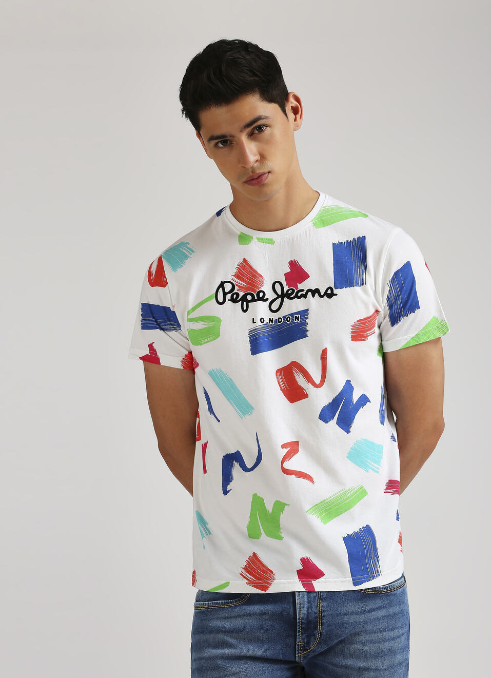 White Brush Stroke Inspired Print Trendy Short Sleeve T-shirt, , large image number 0