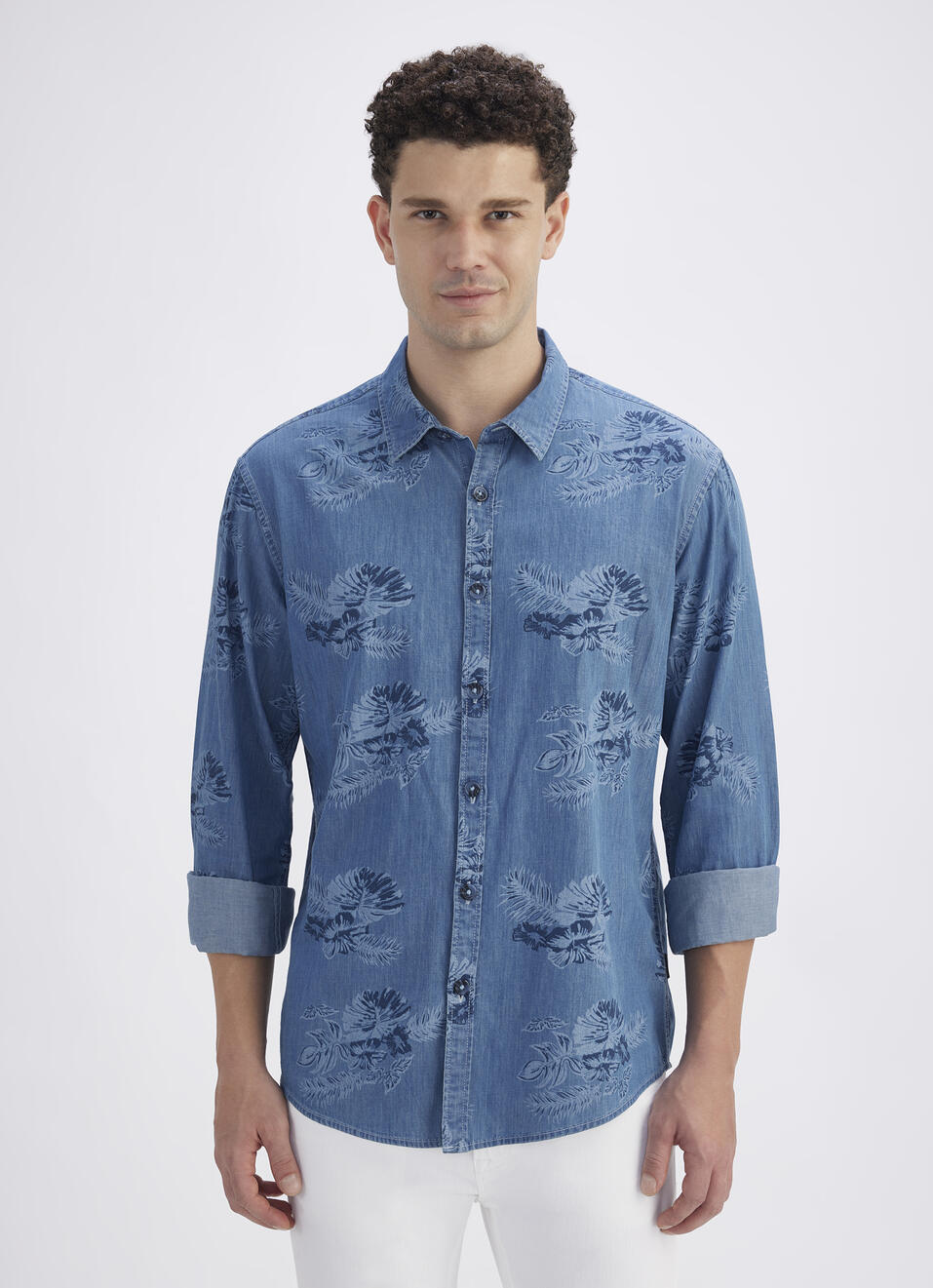 Men Blue Botanical Print Full Sleeve Denim Shirt, , large image number 1