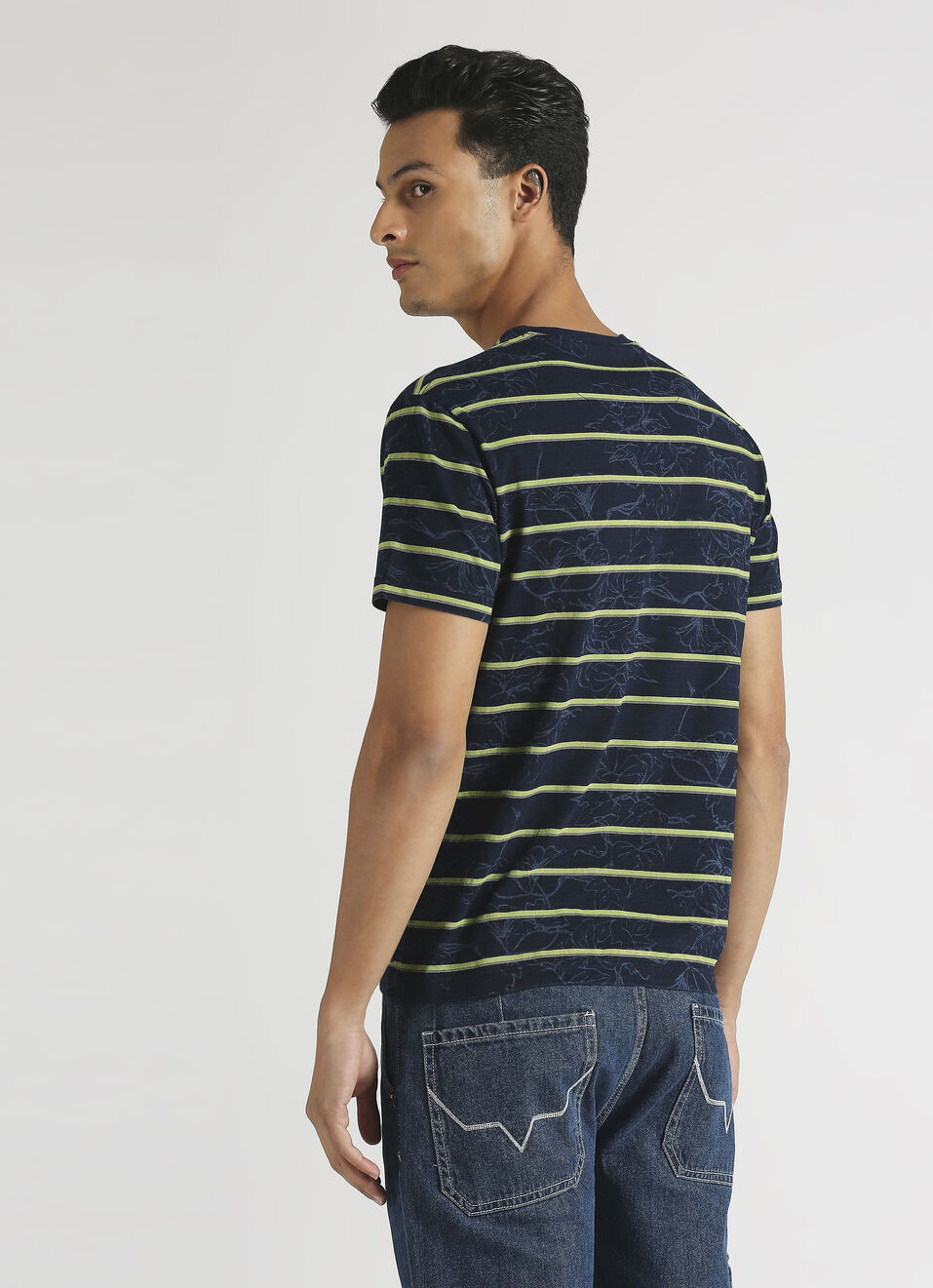 Indigo Tropical Print Stripe Short Sleeve T-shirt, , large image number 2