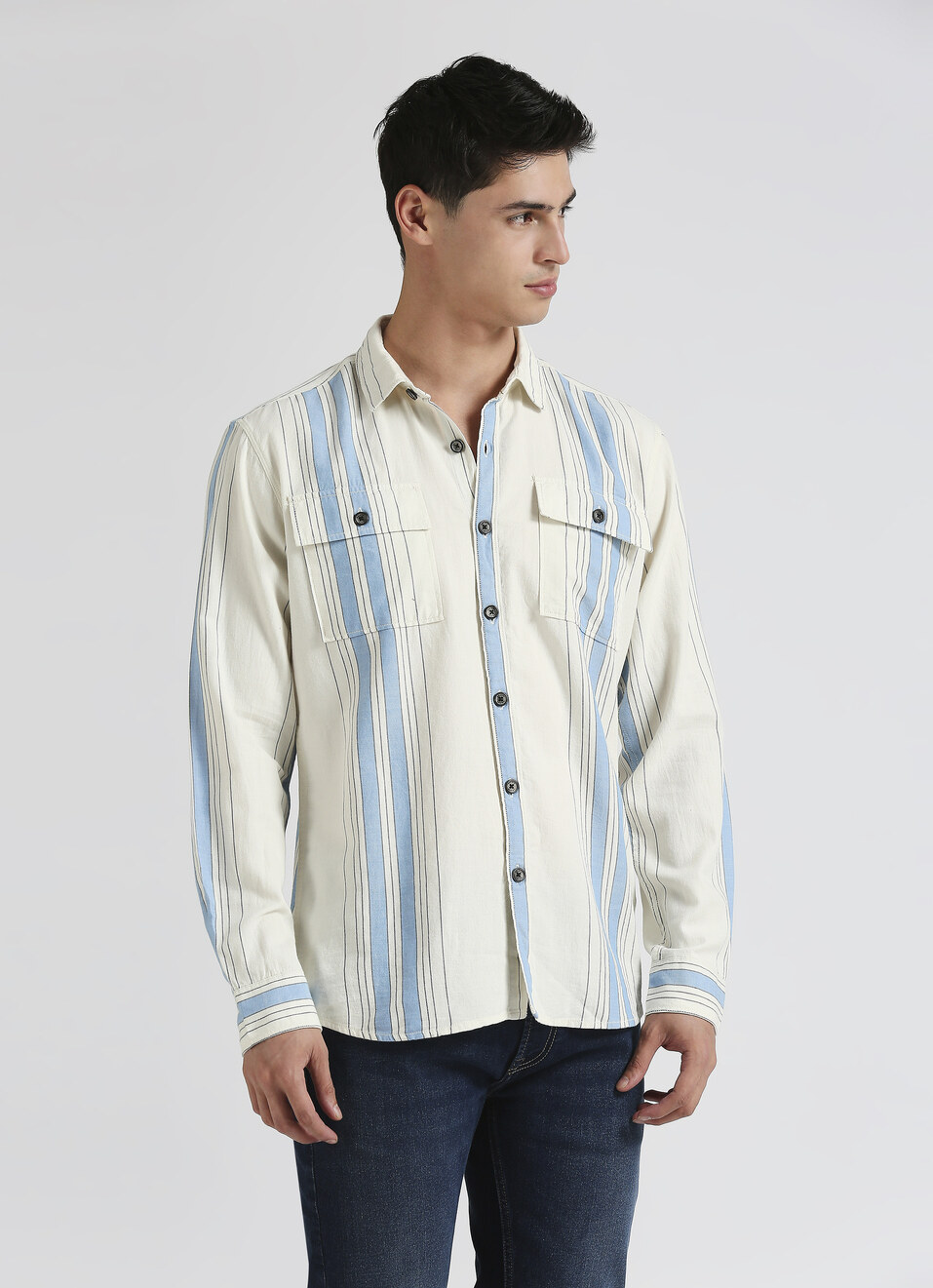 Ecru Stripes Long Sleeve Double Pocket Shirt, , large image number 2