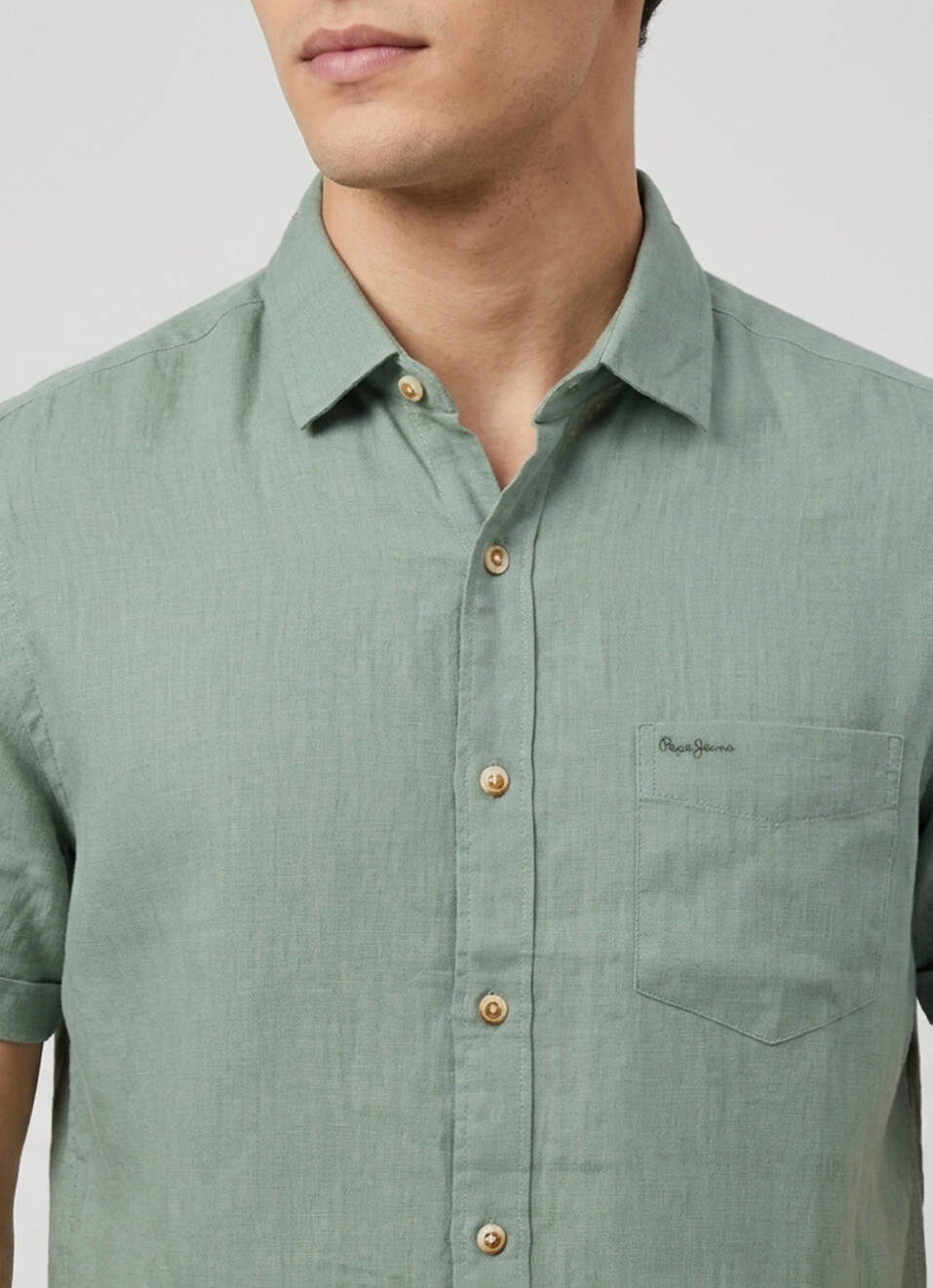 Men Light Green Solid Pure Linen Short Sleeve Shirt, , large image number 4
