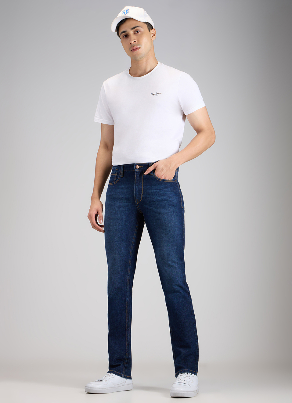 Men Dark Blue Mid Rise Straight Fit Strechable Jeans, , large image number 1