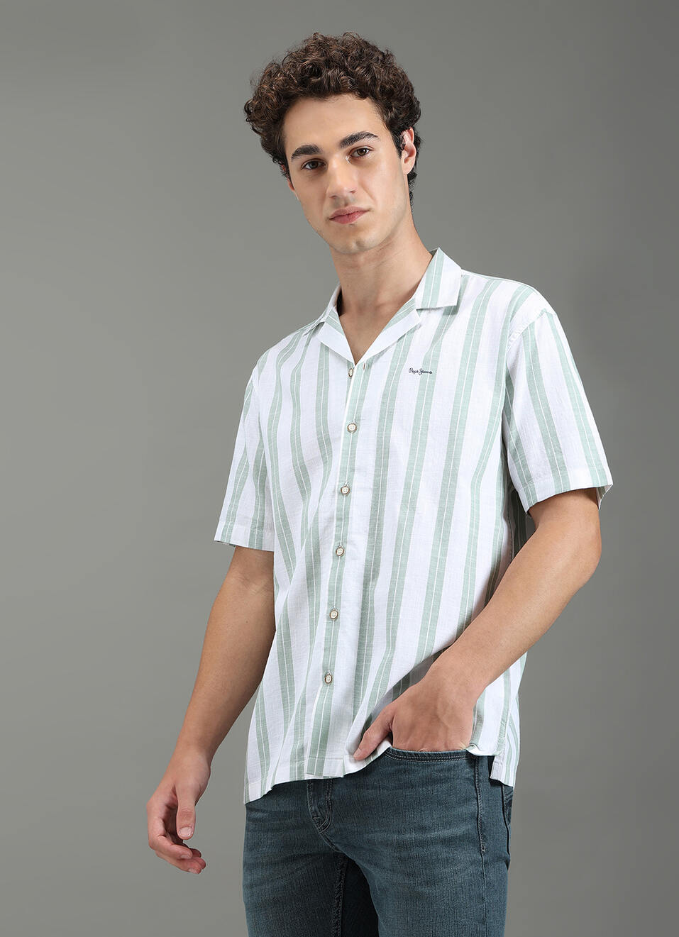 Men Green Striped Resort Collar Shirt, , large image number 7