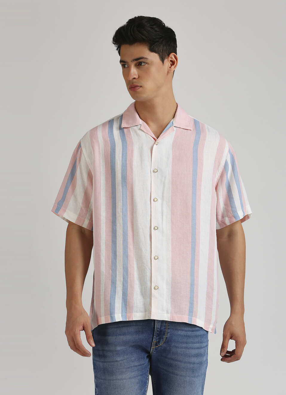 Pink Stripes Resort Collar Linen Short Sleeve Shirt, , large image number 1
