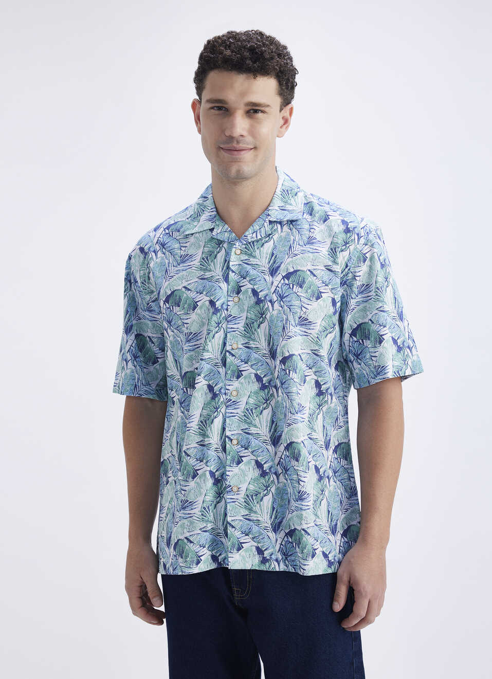 Men Green Resort Collar Tropical Leaf Print Short Sleeve Shirt, , large image number 1
