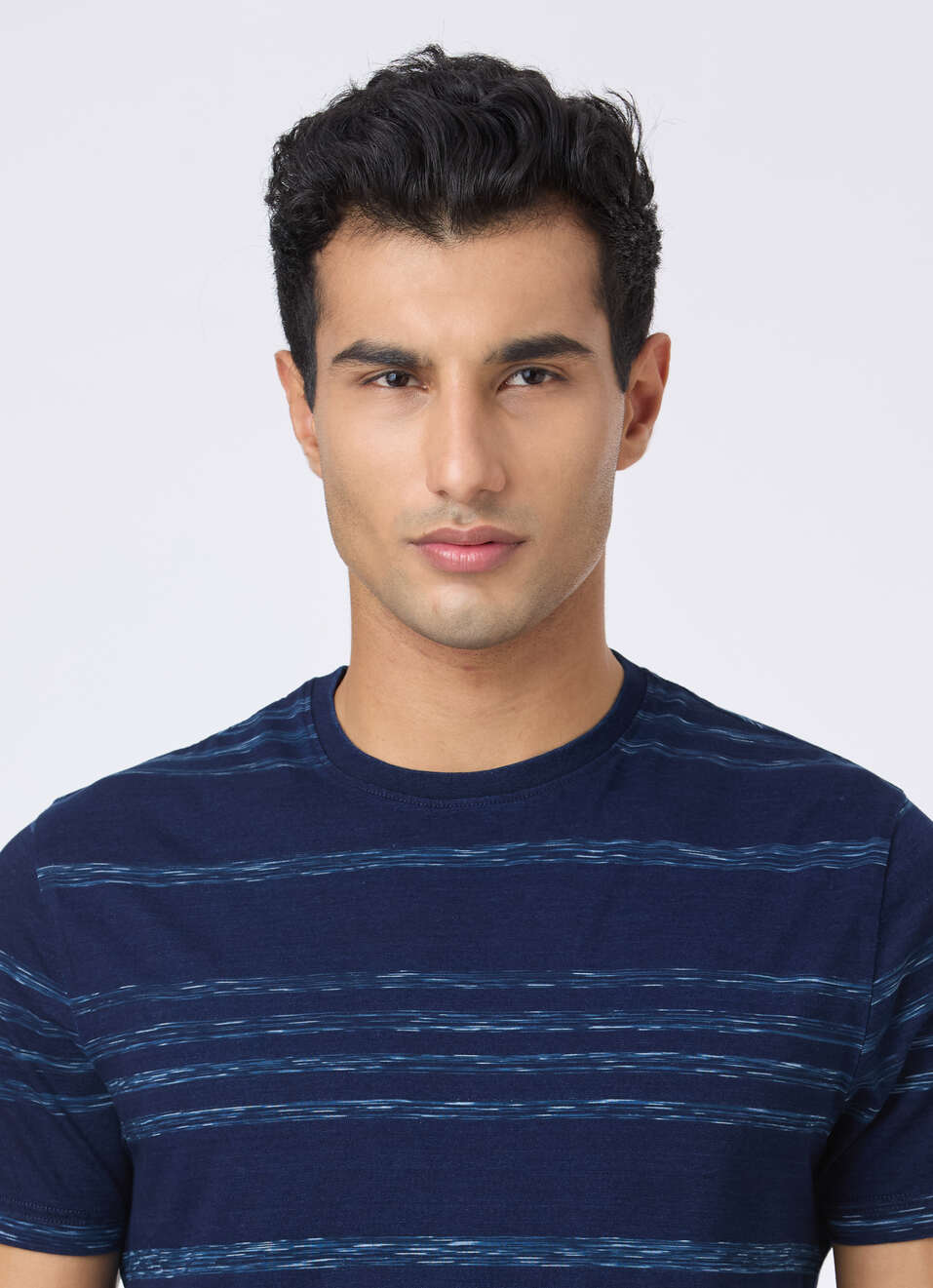 Men Blue Textured Stripe Slim Short Sleeve T-shirt, , large image number 4