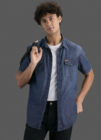 Men Dark Blue Short Sleeve Denim Shirt