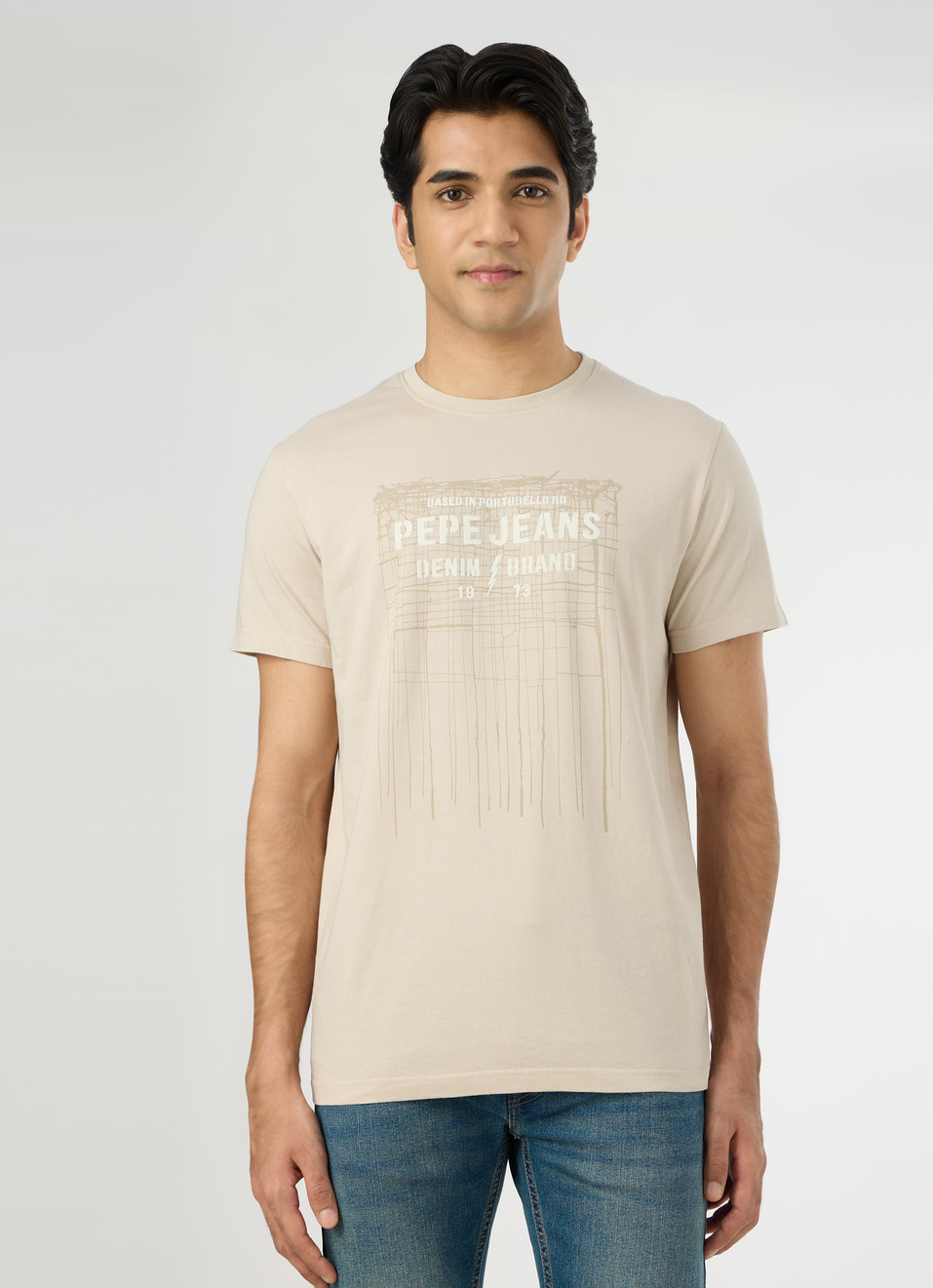 Men Light Beige Slim Graphic T-shirt, , large image number 1