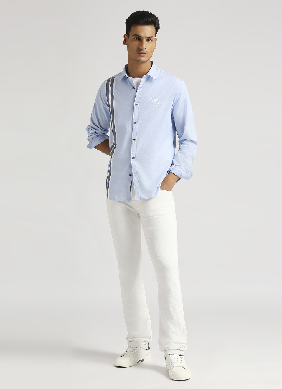 Sky Blue Yarn Dyed Placment Stripes Long Sleeve Shirt, , large image number 5