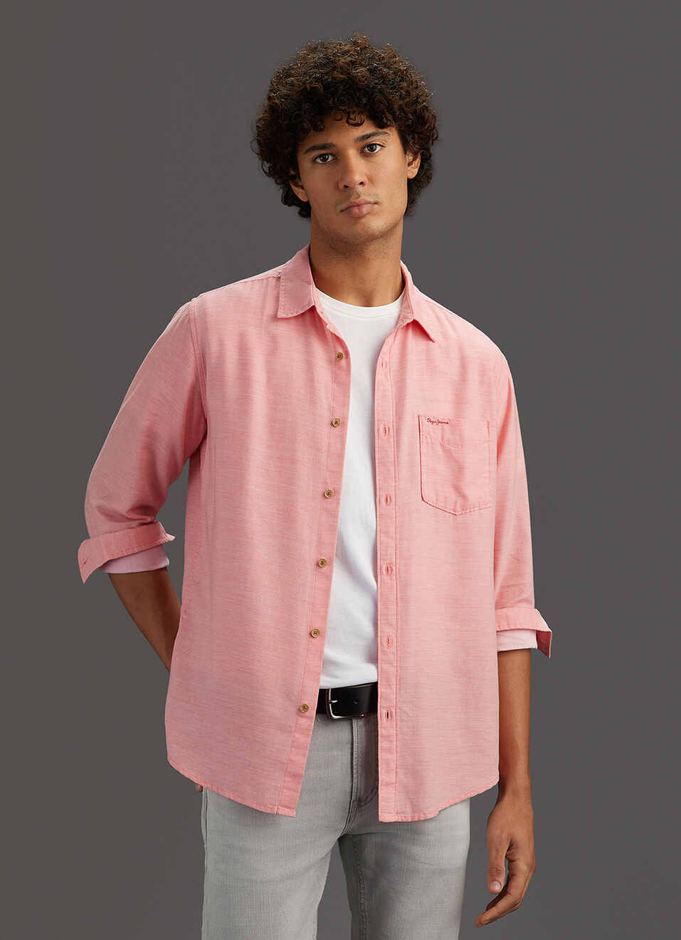 Men Coral Pink Solid Regular Fit Cotton Lyocell Shirt, , large image number 0