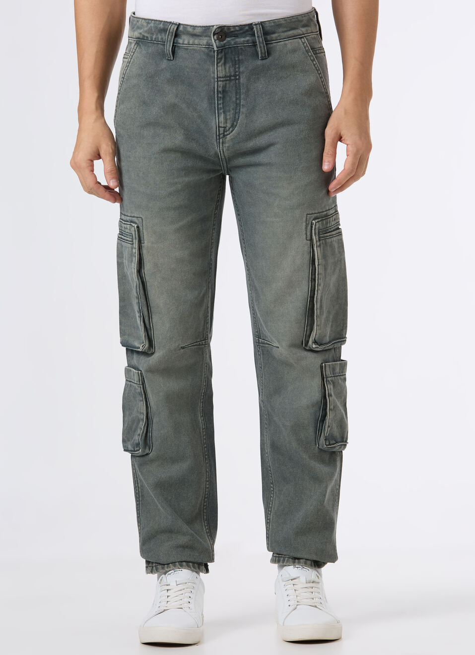 Men Green Cargo Jeans With Utility Pockets, , large image number 1