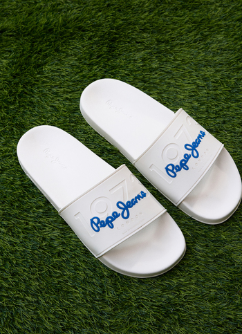 White Lightweight Beach Slides With Embossed Logo Print