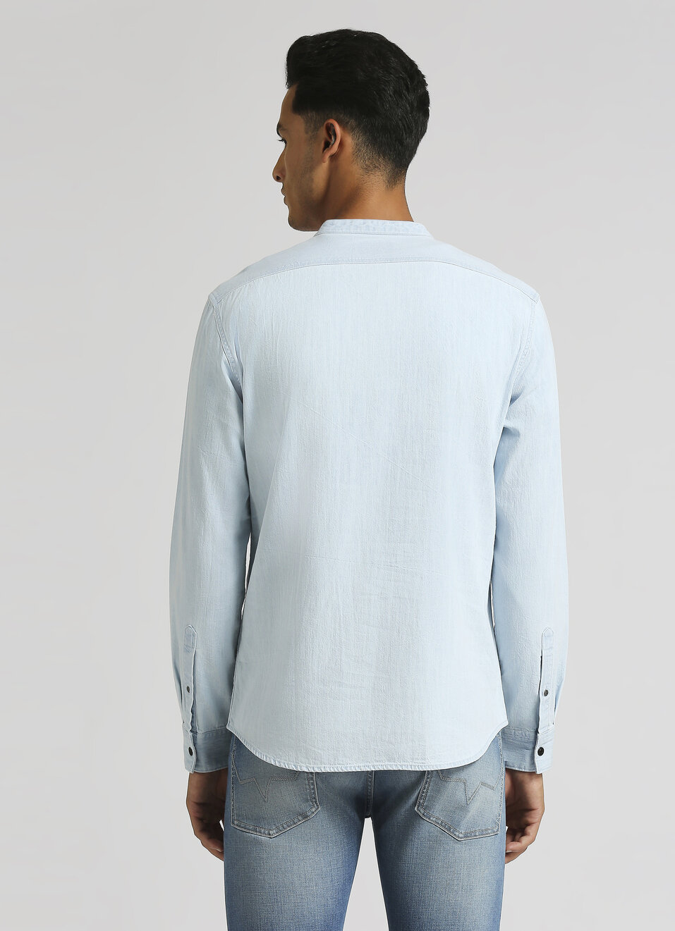 Ice Blue Mandarin Collar Kurta Placket Long Sleeve Shirt, , large image number 2