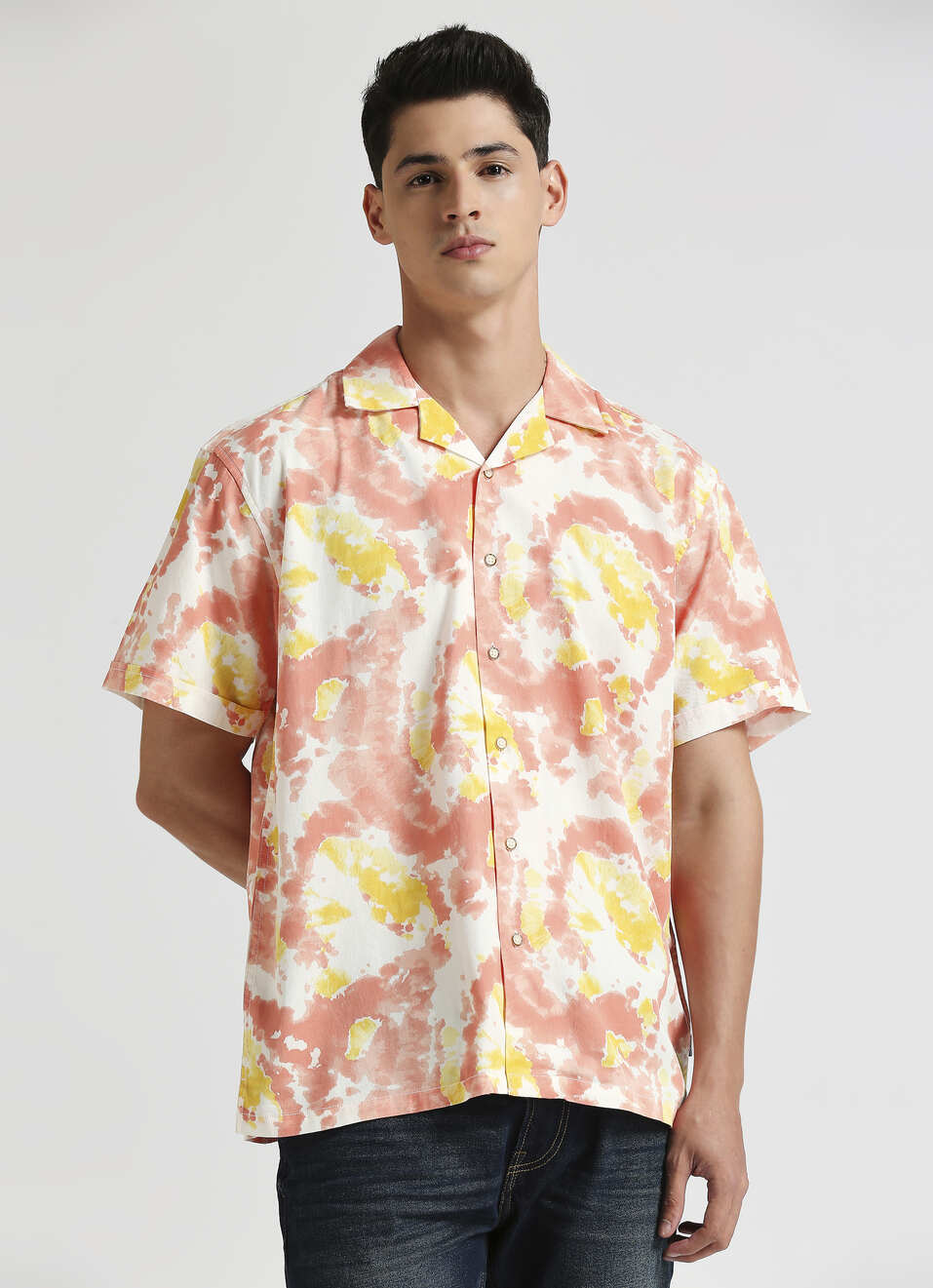 Peach Tie And Dye Print Short Sleeve Shirt, , large image number 0
