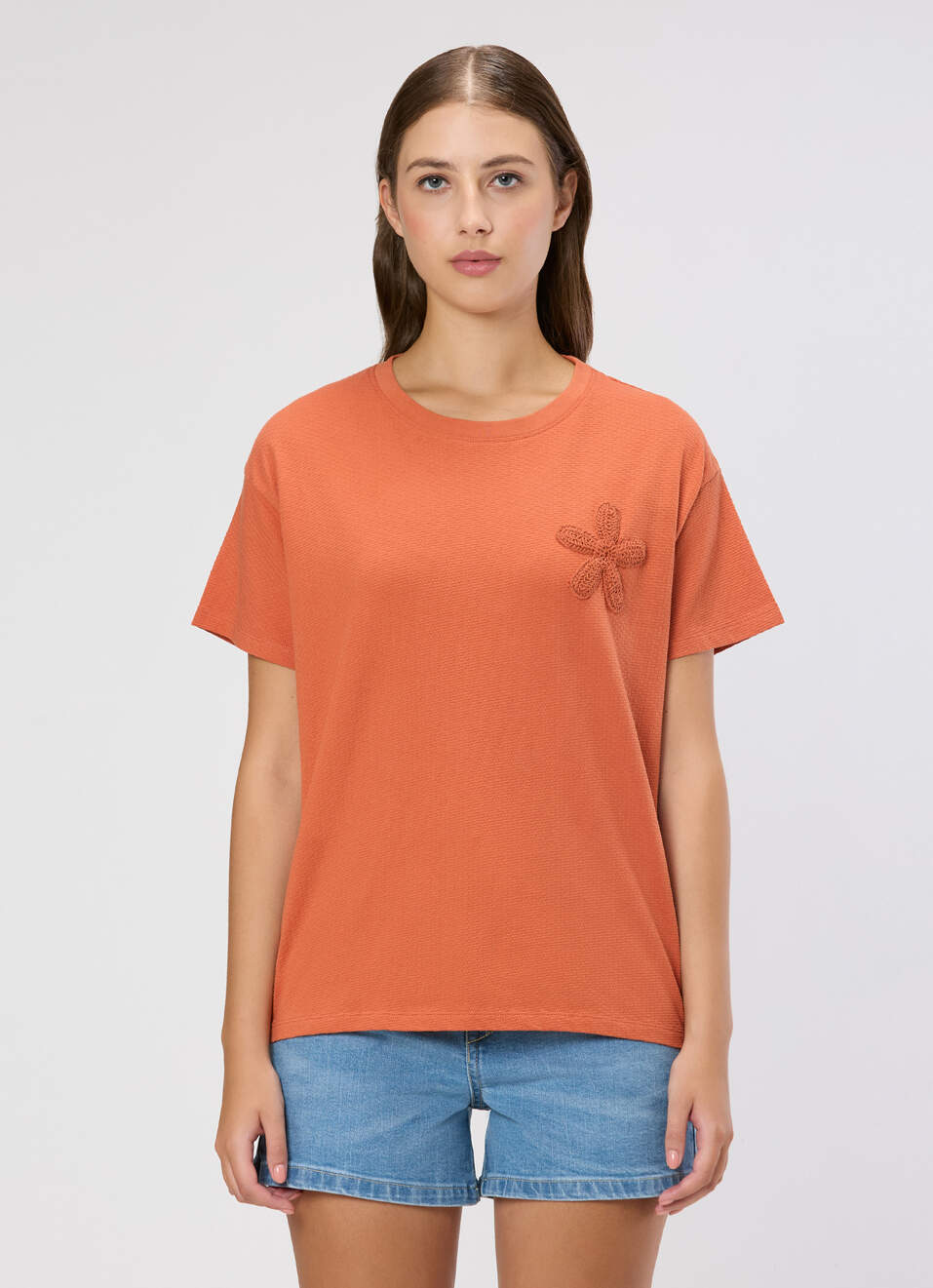 Women Orange Crochet Patch T-shirt, , large image number 1