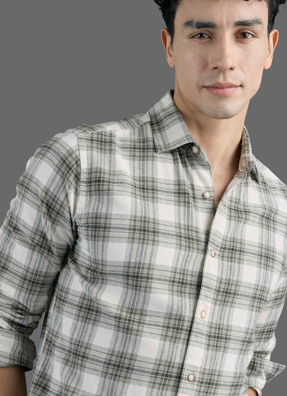 Men Olive Green Checked Brushed Twill Long Sleeve Shirt, , large image number 4