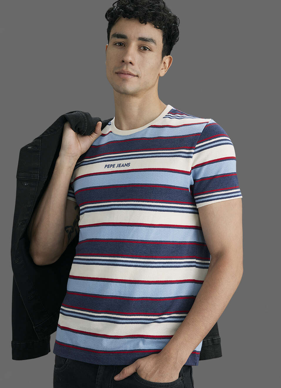 Men Navy Striped Slim Fit Short Sleeve T-shirt, , large image number 0