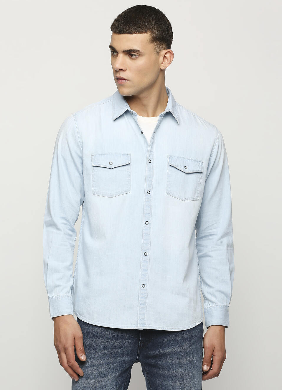 Ice Blue Double Pocket Long Sleeve Denim Shirt, , large image number 1