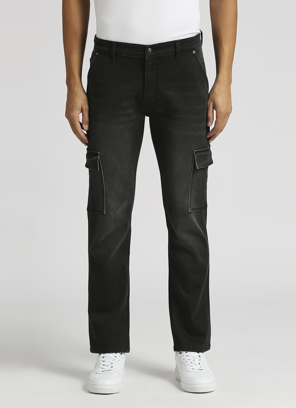 Cargo Straight Mid Waist Black Gymindigo Jeans, , large image number 2