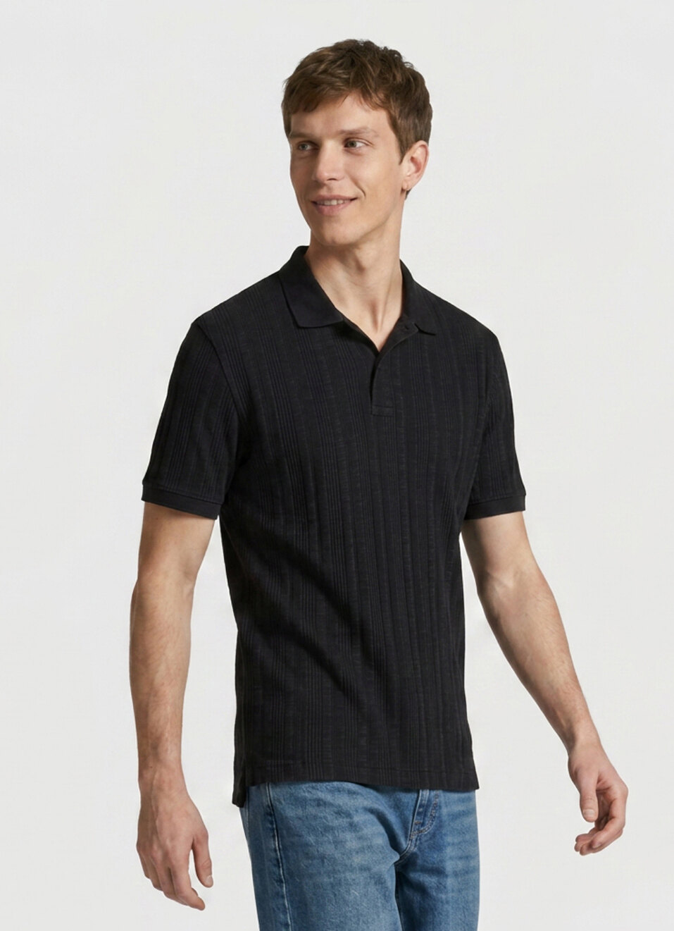 Men Black Striped Polo Collar T-shirt, , large image number 1