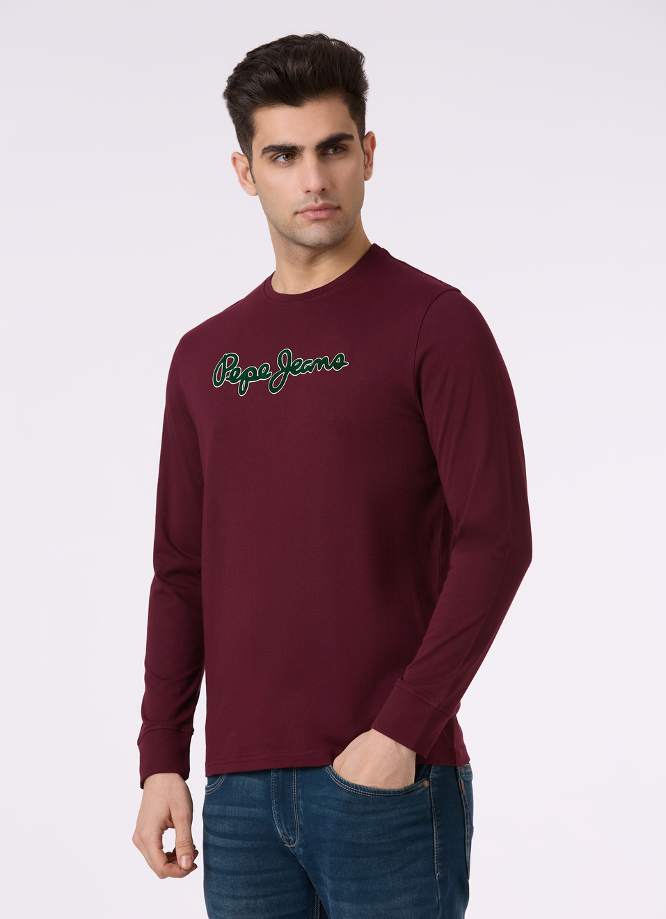Men Burgundy Logo Print Full Sleeve T-shirt, , large image number 3