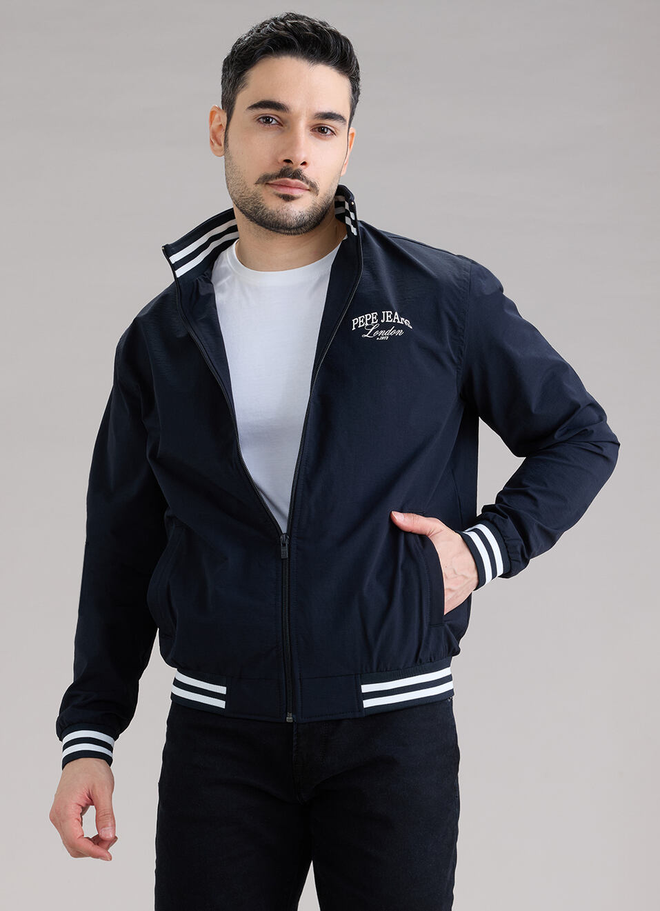 Men Blue Printed High Neck Long Sleeve Jacket, , large image number 0
