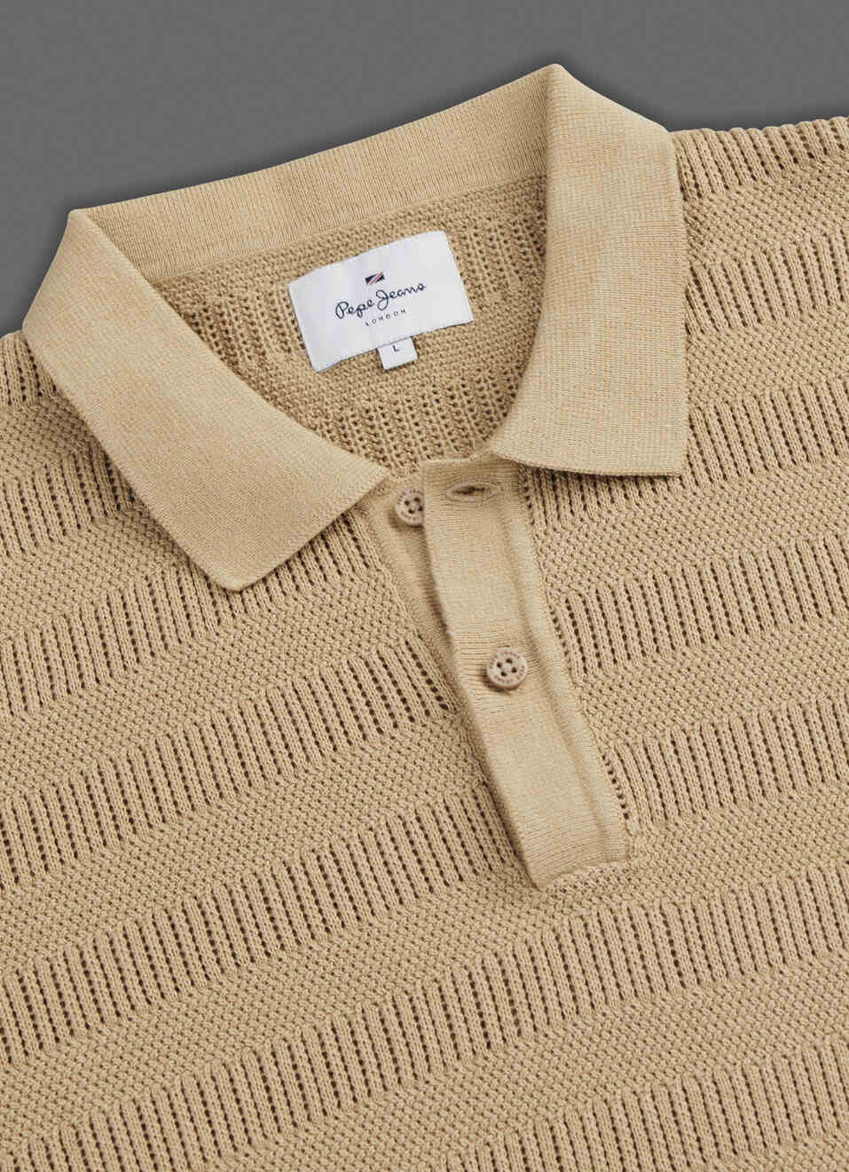 Men Beige Striped Flat Knit Polo Collar T-shirt, , large image number 3