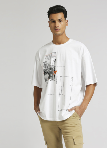 White Oversized Photographic Print Short Sleeve T-shirt