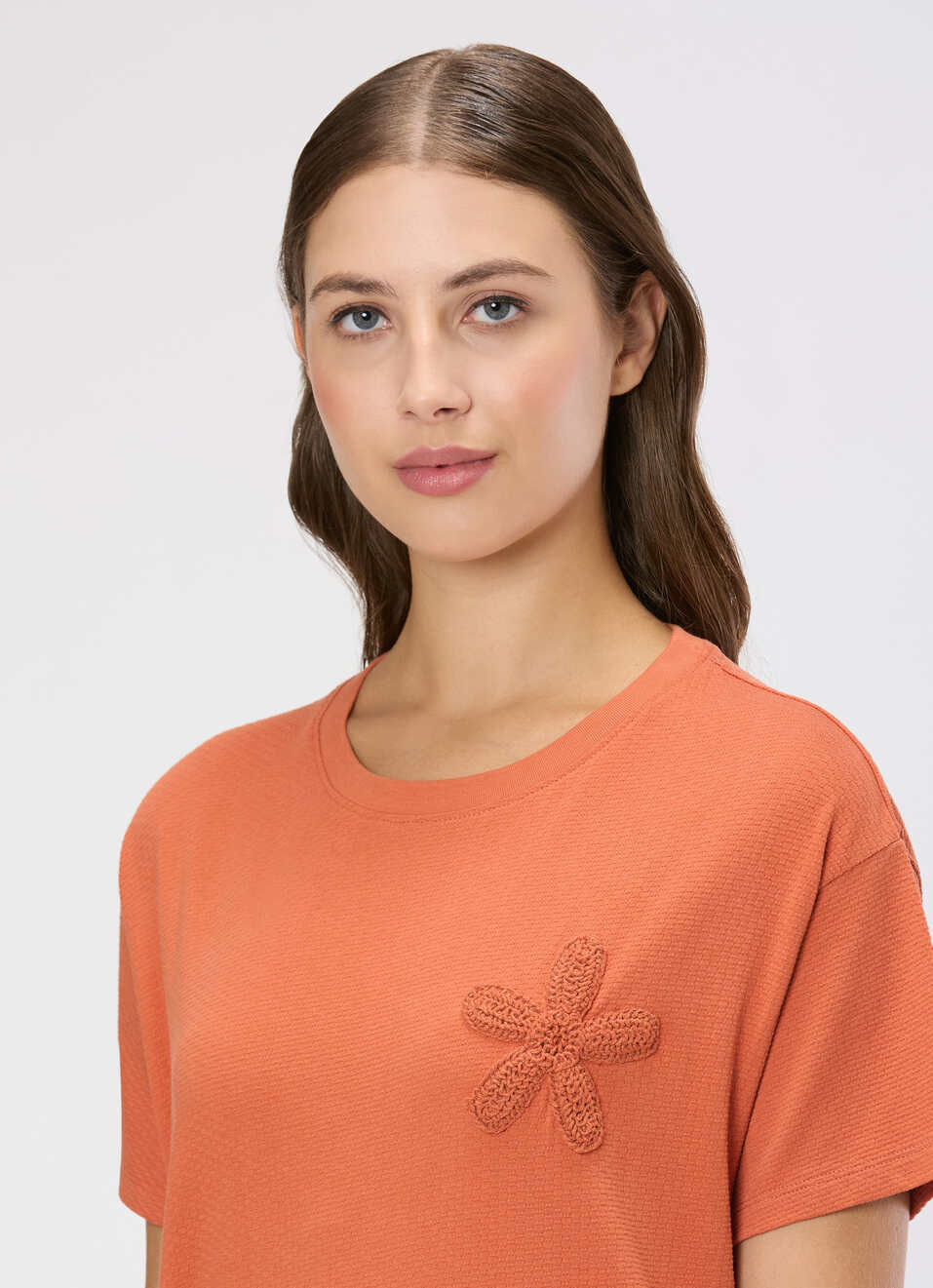 Women Orange Crochet Patch T-shirt, , large image number 4