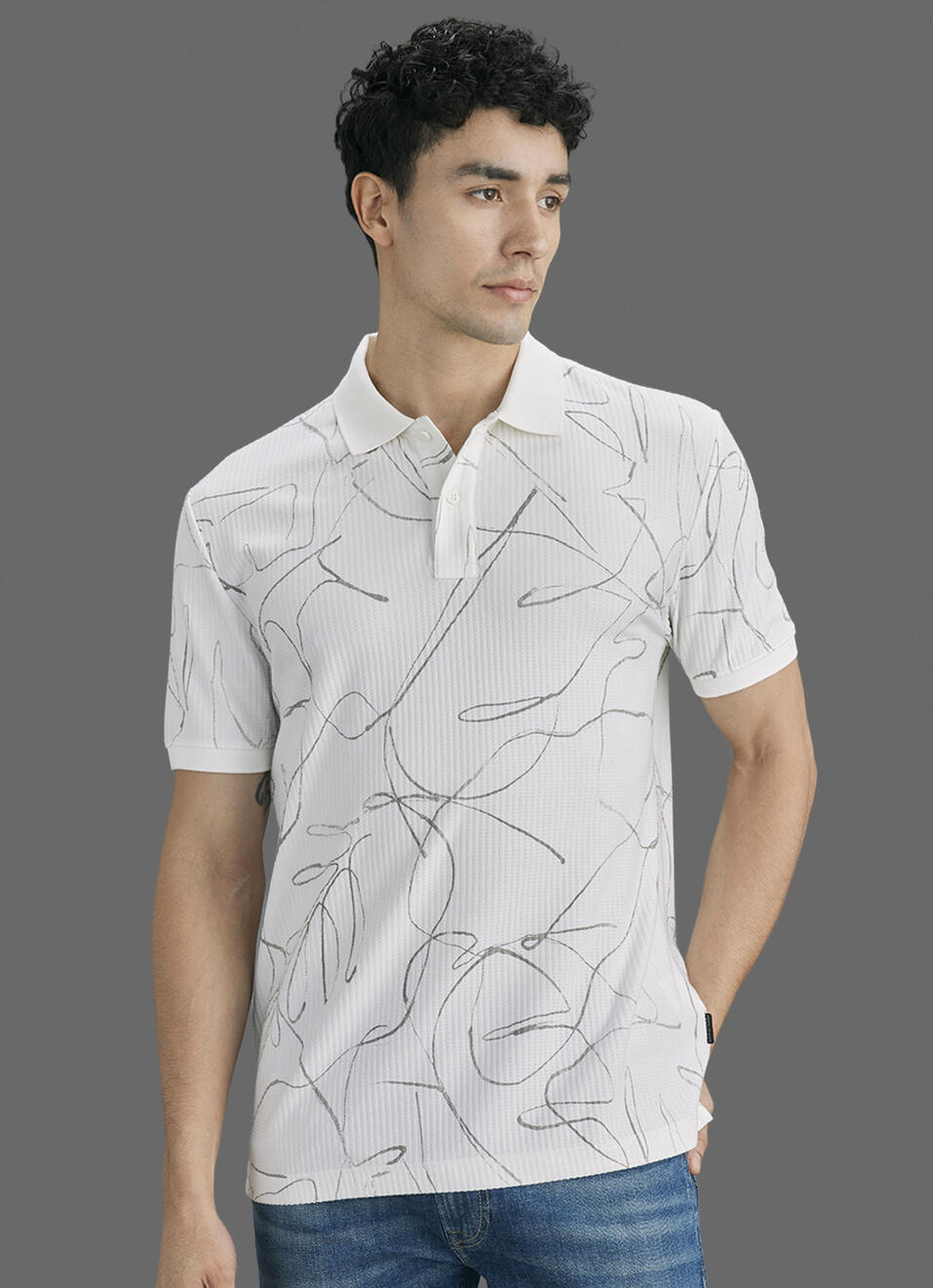 Men Off White Printed Polo Collar T-shirt, , large image number 5