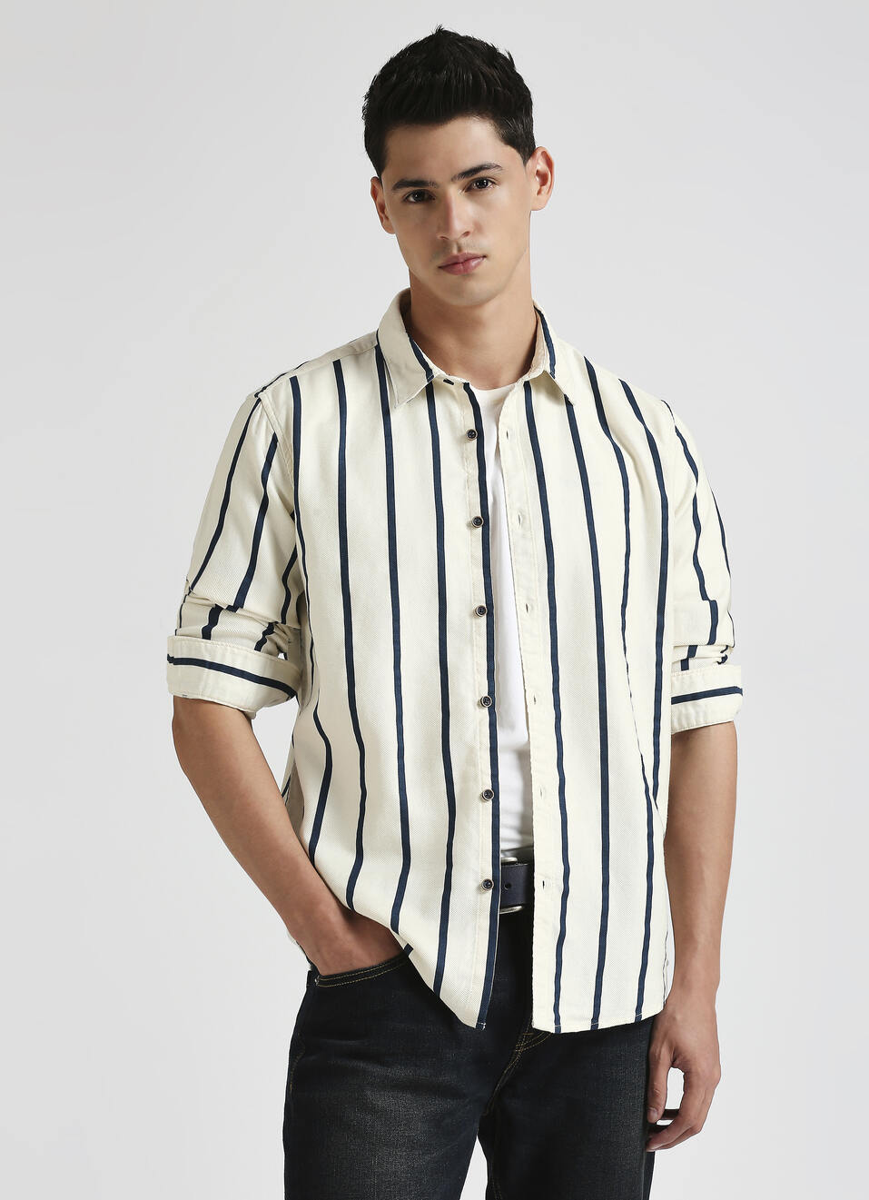 White Narrow Stripes Long Sleeve Shirt, , large image number 0